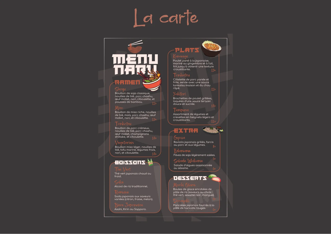 NARU, la carte du restaurant